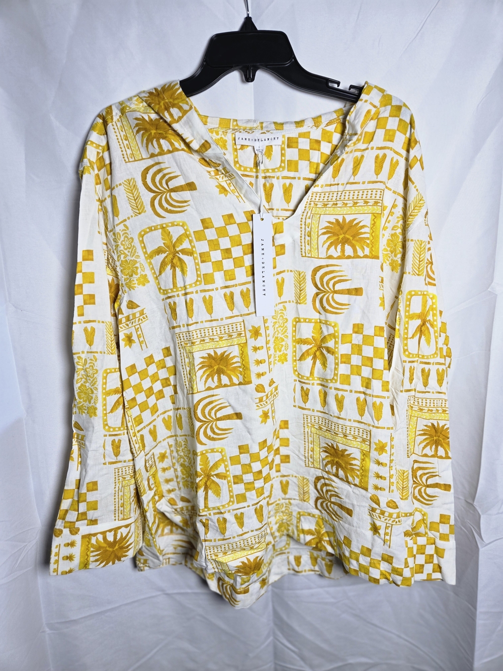 Jane and Delancey Yellow and White Printed Long Sleeve V-Neck Hooded Top